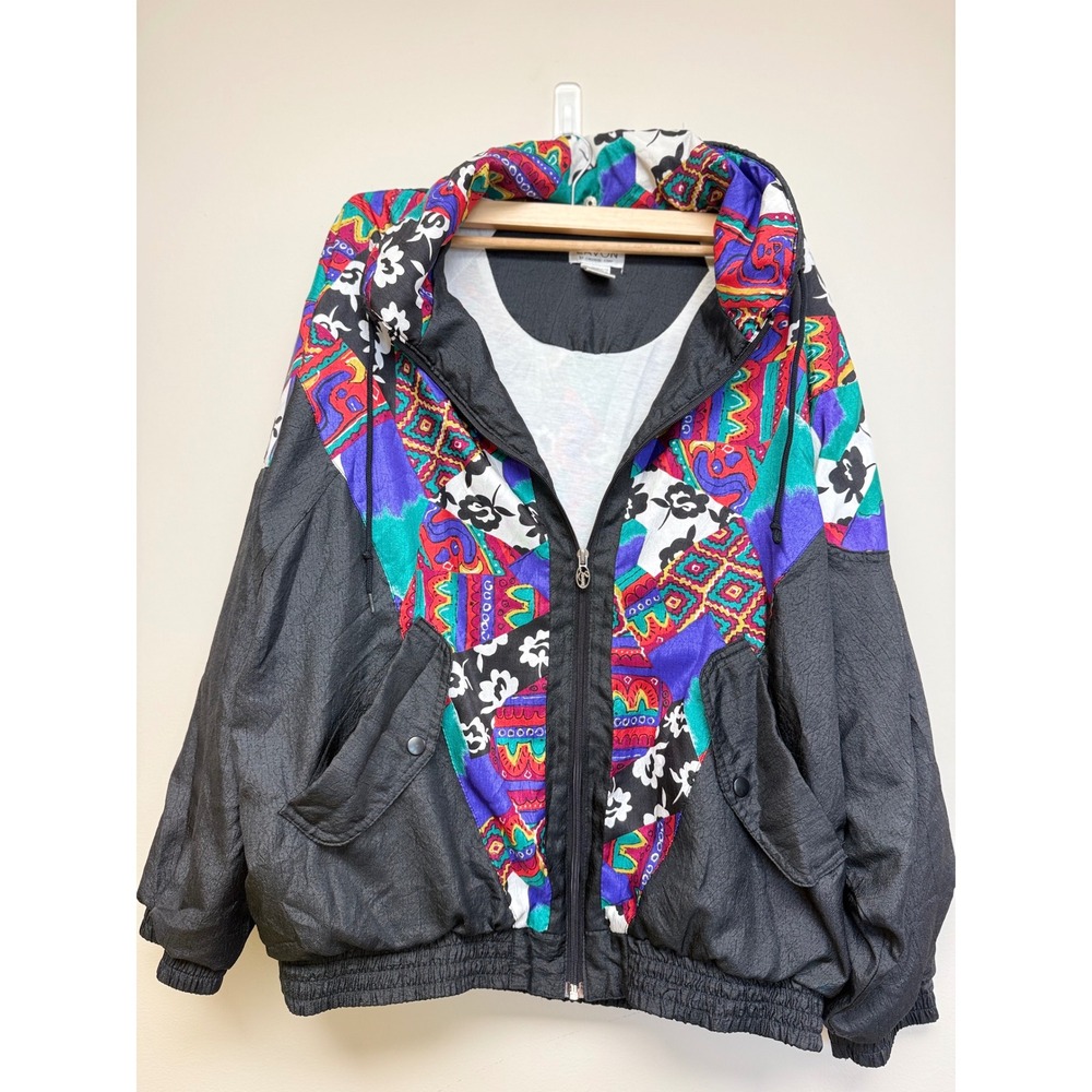 Vintage‎ Lavon Windbreaker Black Purple Sz XL Cotton Lining Zipper Pockets